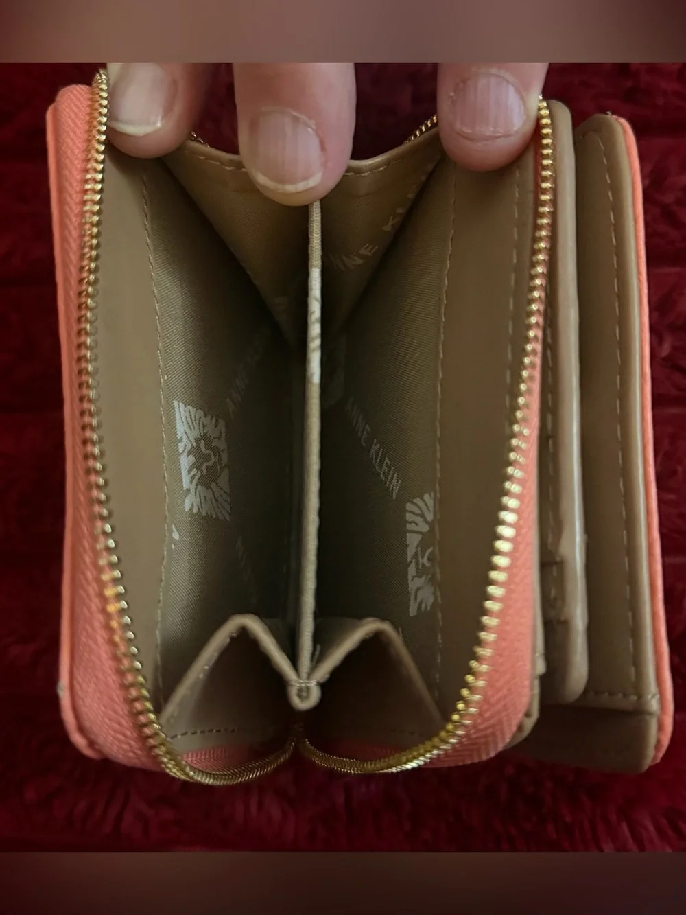Anne Klein Peach Pebbled Leather Zip Wallet with Gold Logo